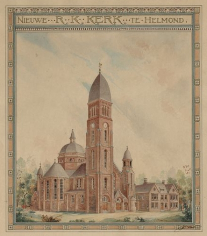 Aquarel van de Onze Lieve Vrouwekerk in Helmond van architect J. Margry.